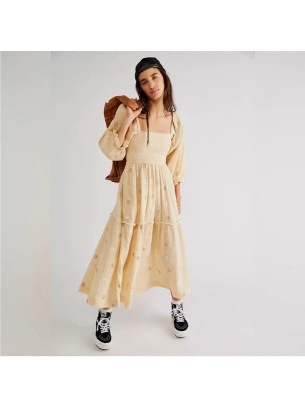 Free People Dahlia Maxi Dress Butter Yellow Boho Embroidered Hippie Womens Small - Picture 2 of 8